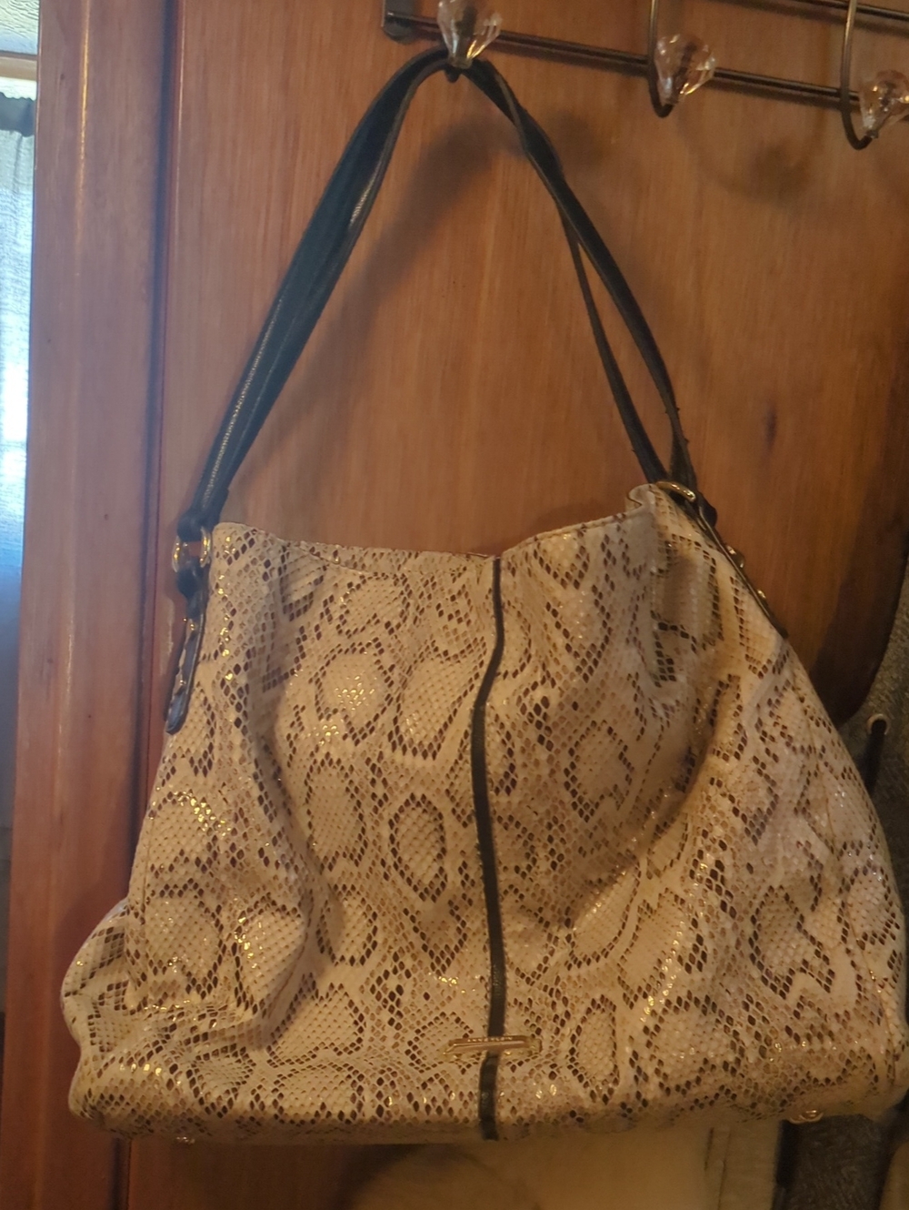 Anne Klein Beige Snakeskin-Print Shoulder Bag with Black Straps
